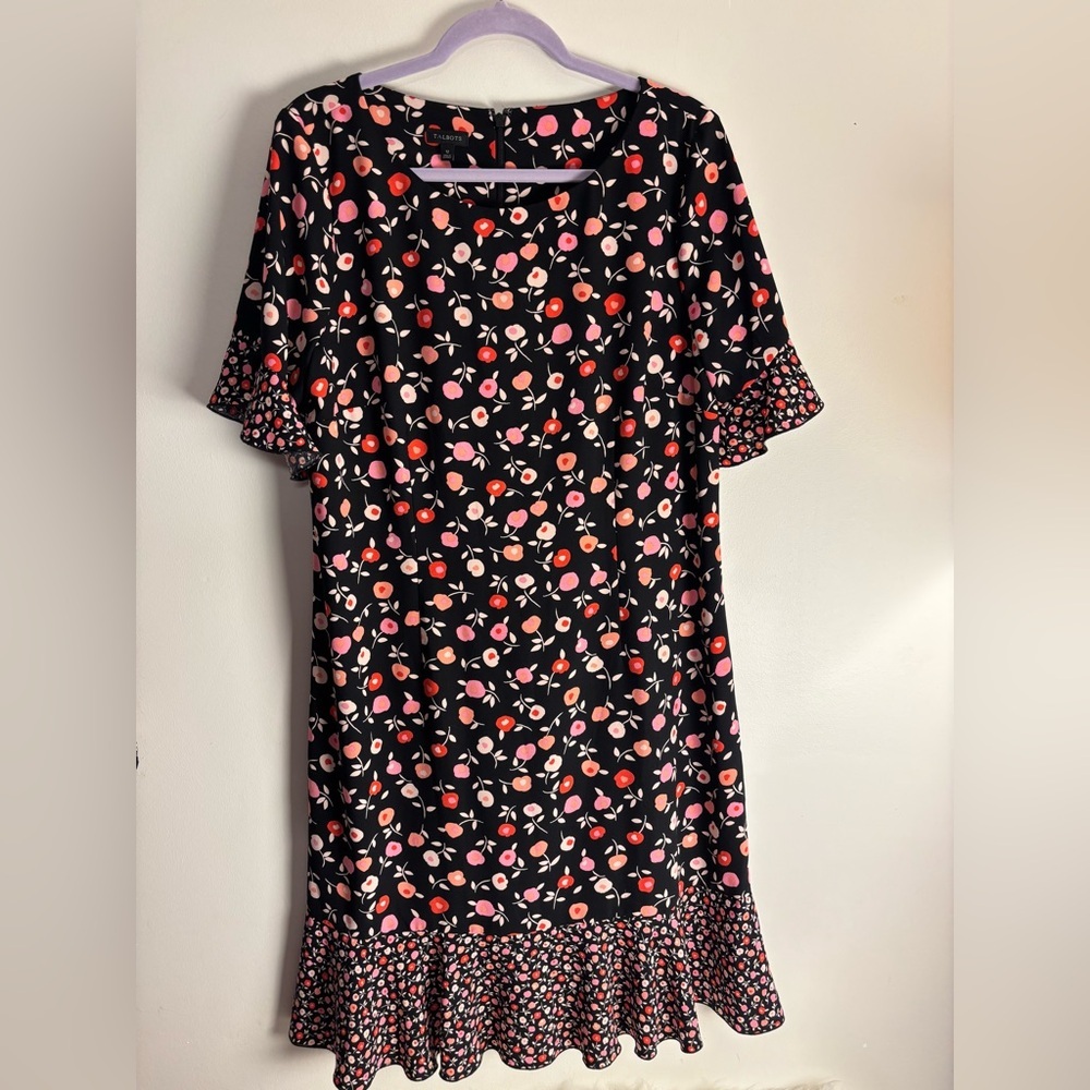 Women’s Black Floral Shift Dress with Pink & Red Accents